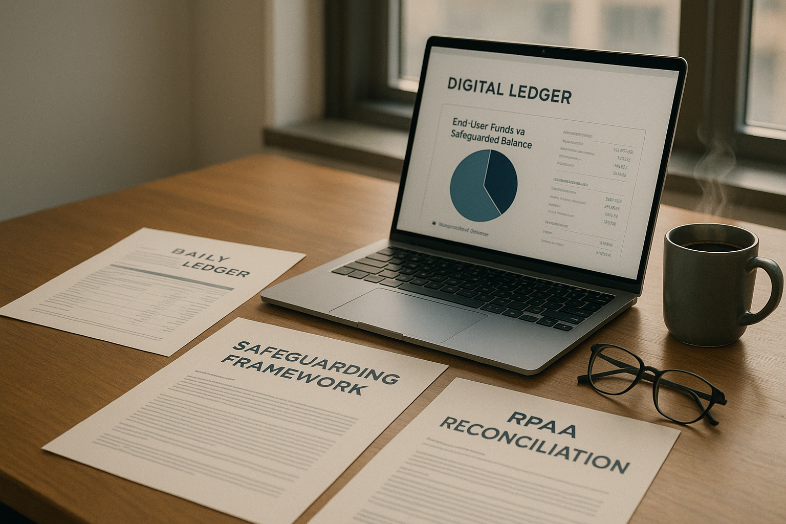 Modern compliance office desk with RPAA safeguarding documents and a digital ledger dashboard open on a laptop.