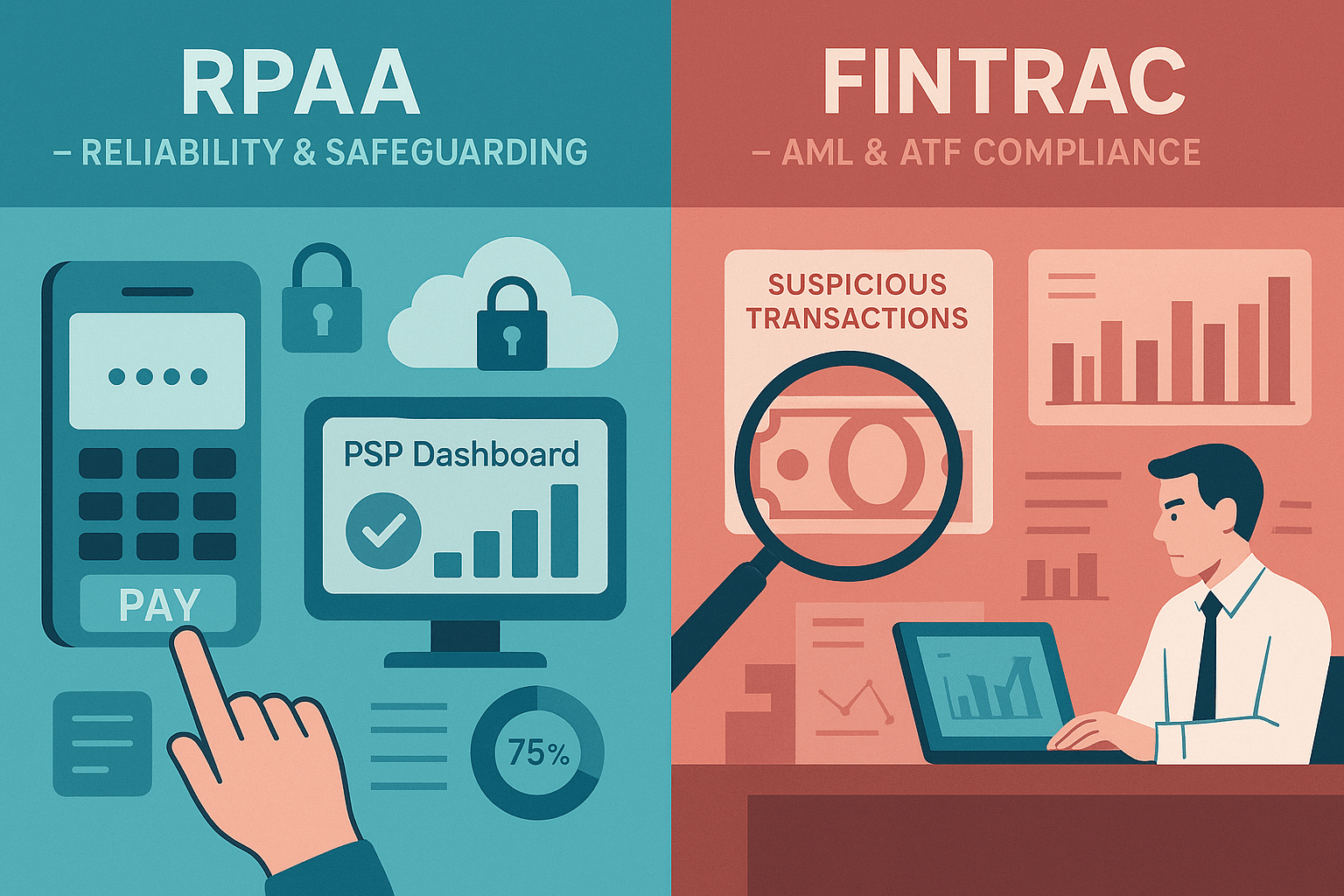 Split-screen image showing RPAA's focus on payment system safety and FINTRAC's focus on anti-money laundering.