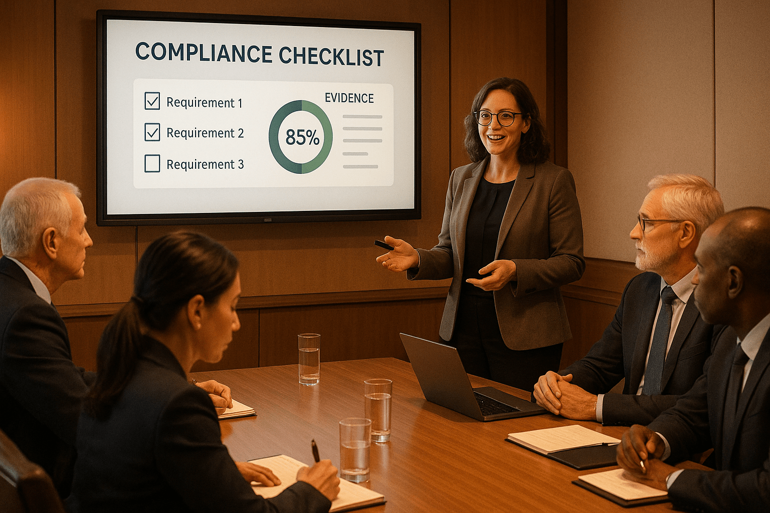 Compliance officer presenting a checklist dashboard to executives in a boardroom, illustrating RPAA governance reporting.