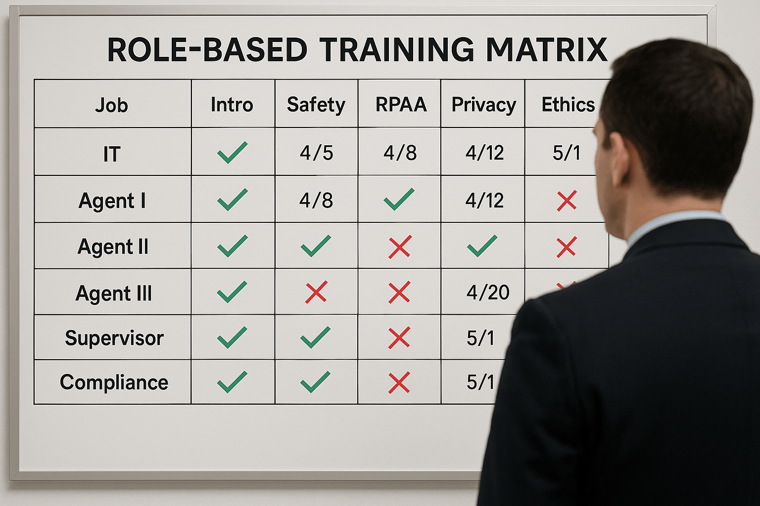 A compliance officer reviewing a whiteboard training matrix for RPAA roles and modules, with color-coded status indicators.