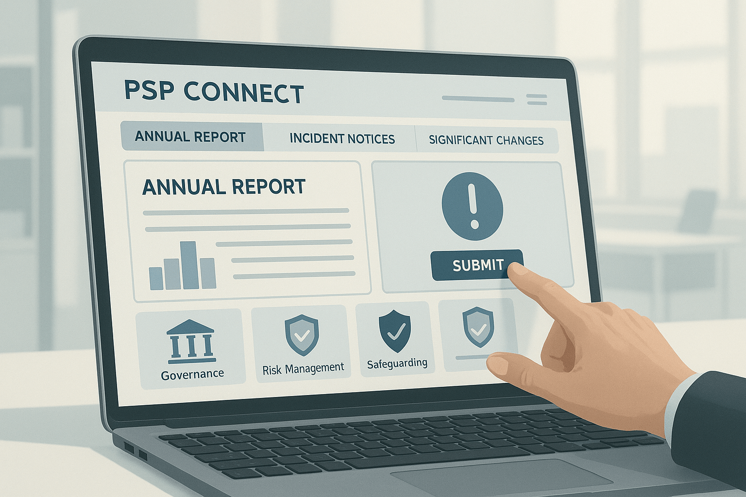 Digital interface of PSP Connect on a laptop screen showing annual report and incident submission features.