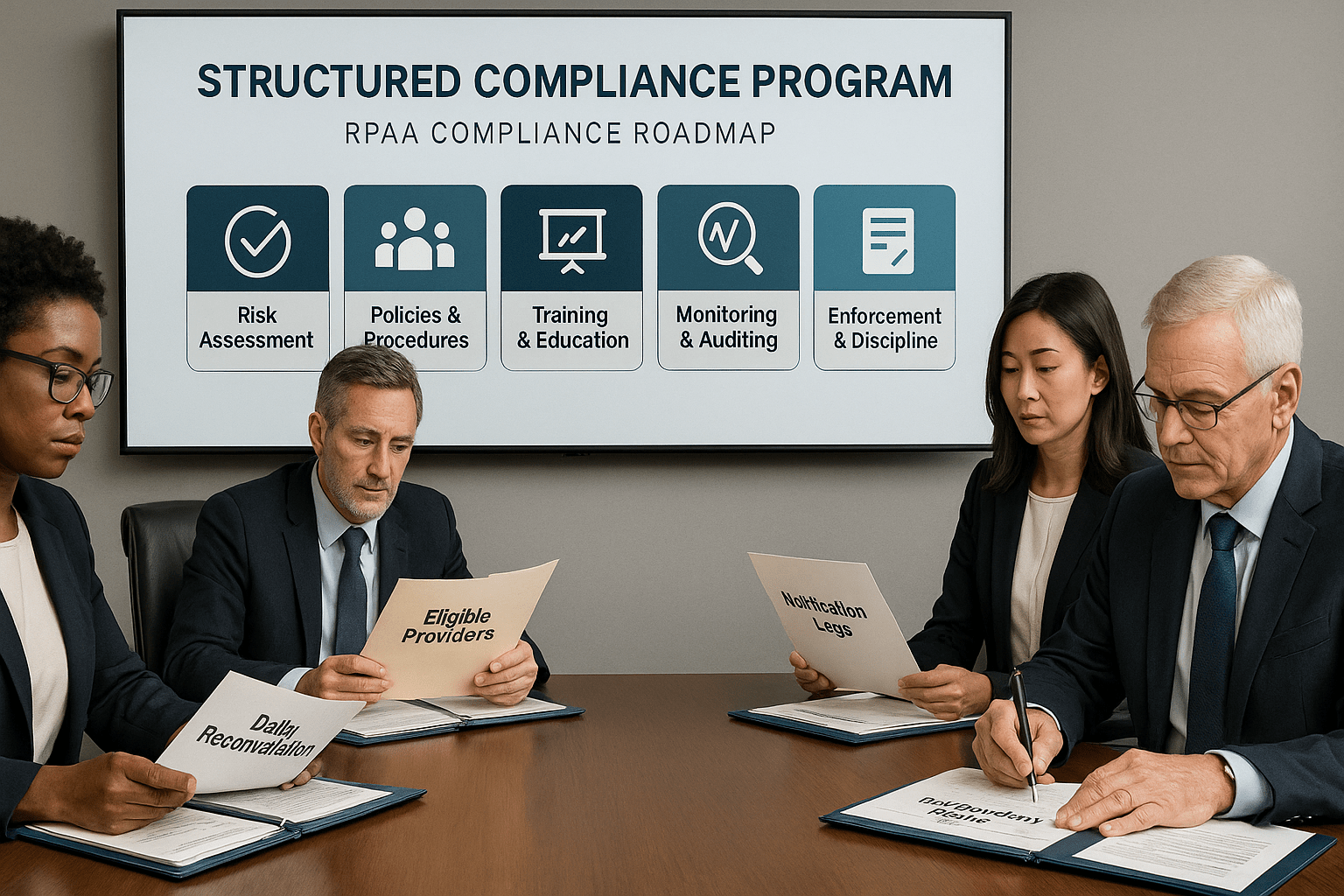 Visual of executives reviewing RPAA safeguarding compliance documents in a boardroom, highlighting structured oversight and governance.