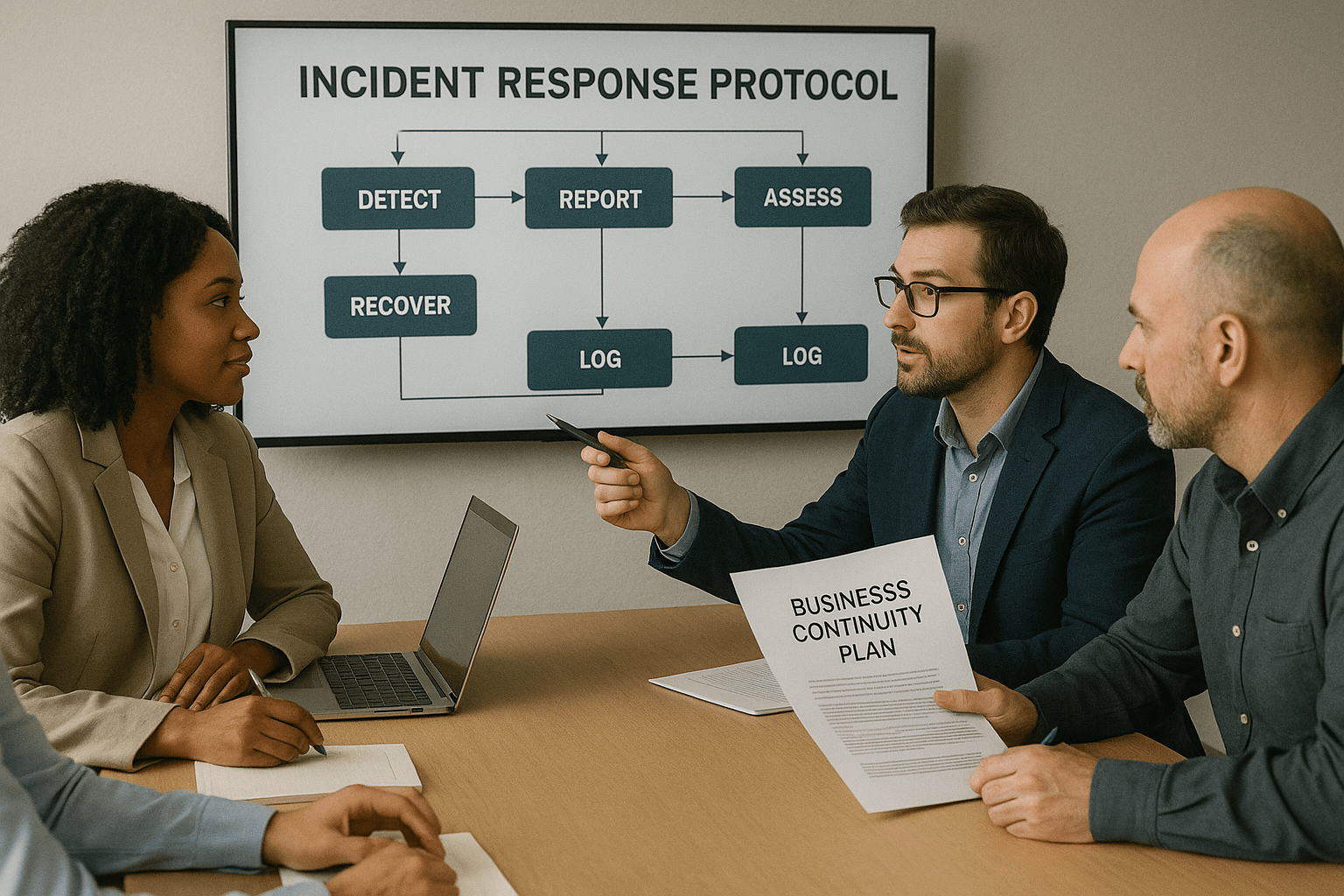 Team reviewing business continuity plan and incident response protocols for RPAA compliance.