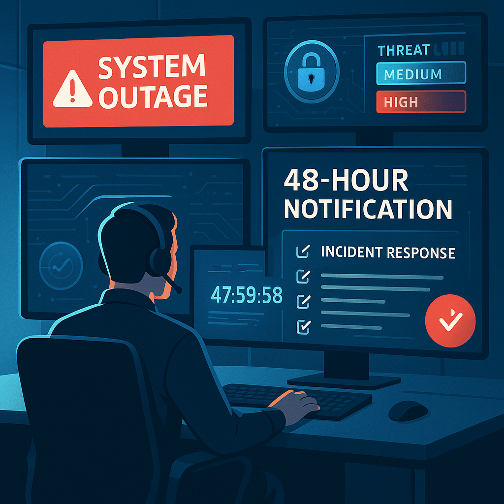 Illustration of a PSP cybersecurity officer monitoring system risk alerts and preparing an RPAA incident notification within 48 hours.