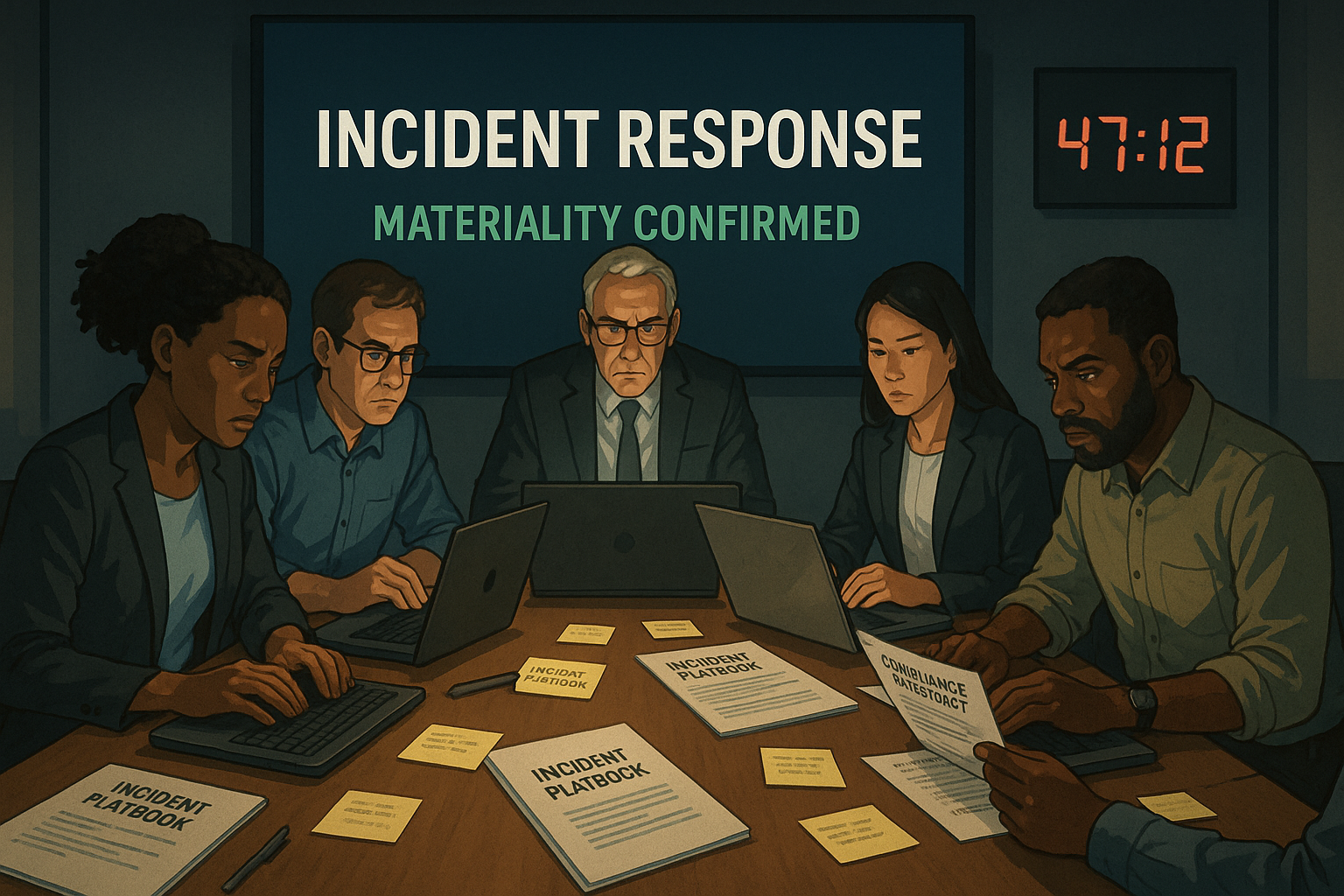 Illustration of a PSP's crisis response team assessing a material incident and preparing regulatory notification within the 48-hour RPAA timeframe.