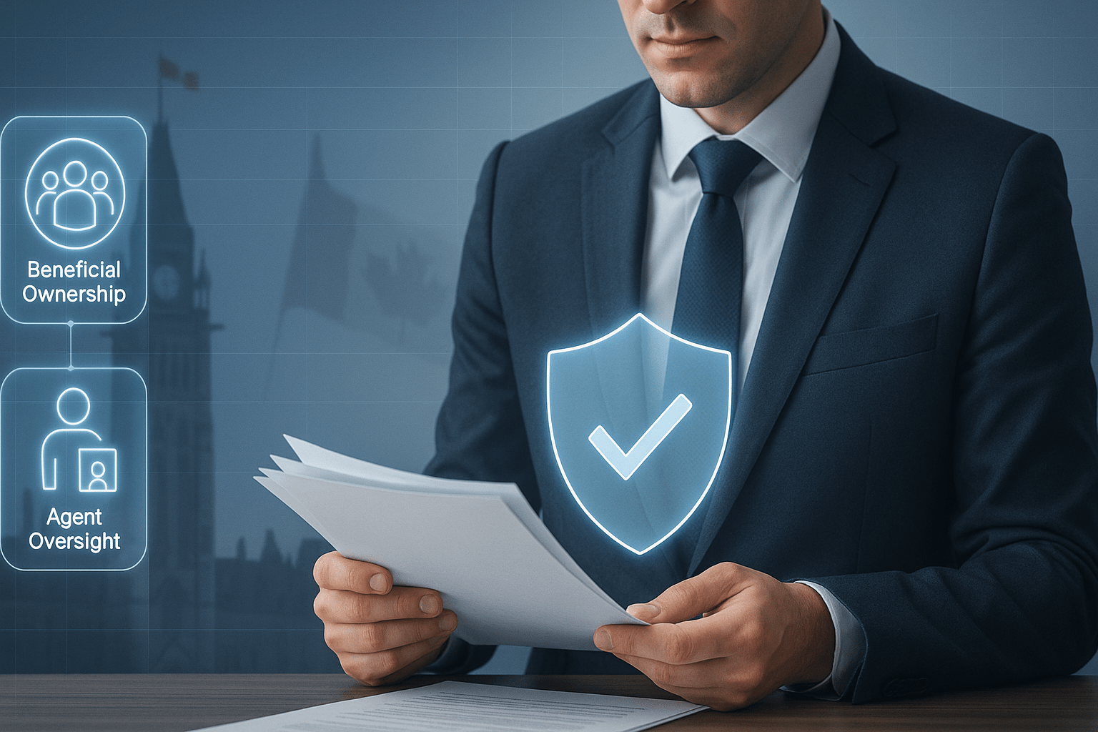 Banner showing Canadian Parliament silhouette, compliance shield, and digital icons symbolizing FINTRAC’s 2025 MSB oversight rules.