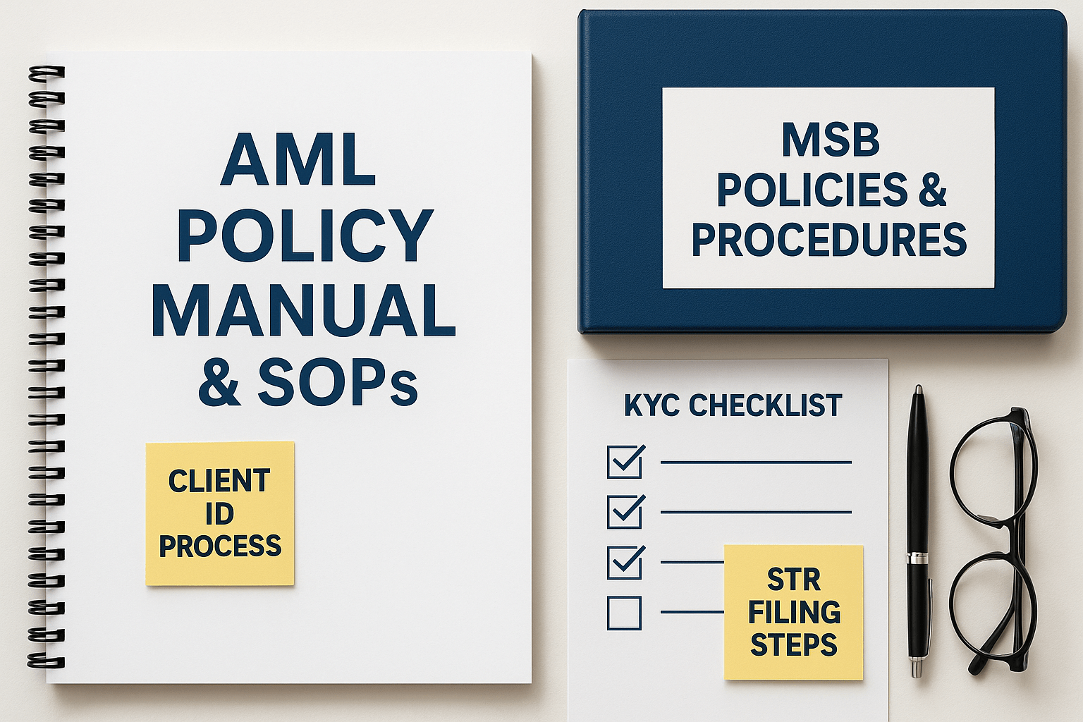 Flat lay of MSB AML compliance manual with labeled SOPs, KYC checklist, and policy binder.