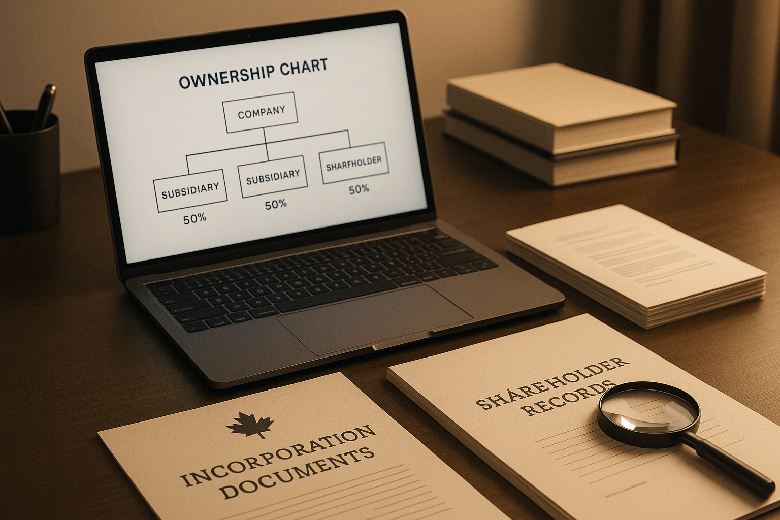 Ownership chart and incorporation documents on a compliance officer’s desk for MSB KYC in Canada.