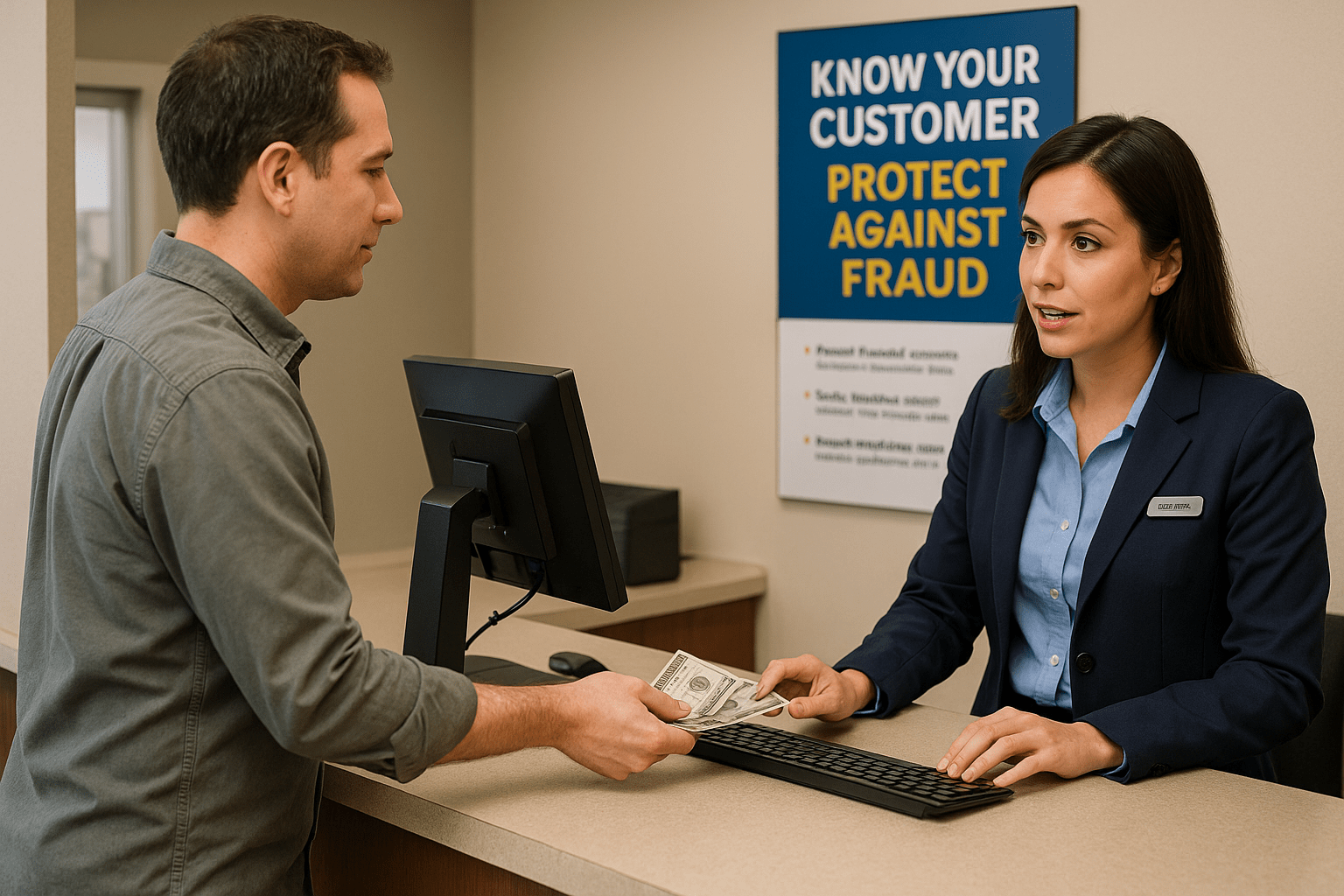 Client making a money transfer at an MSB counter while teller records third party details for compliance.